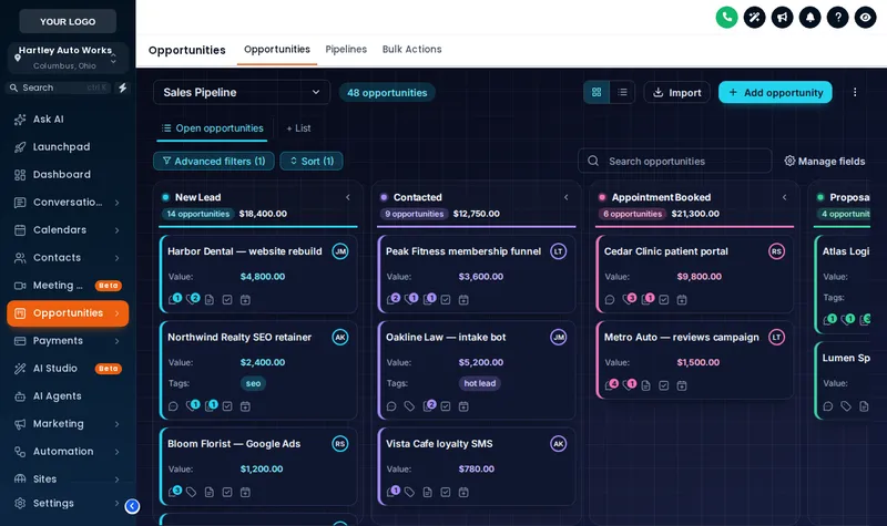 GoHighLevel opportunities board in the dark Midnight Neon design with colored stage headers